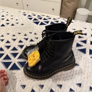 Dr. Martens Black Leather 8-Eye Boots with Yellow Accents